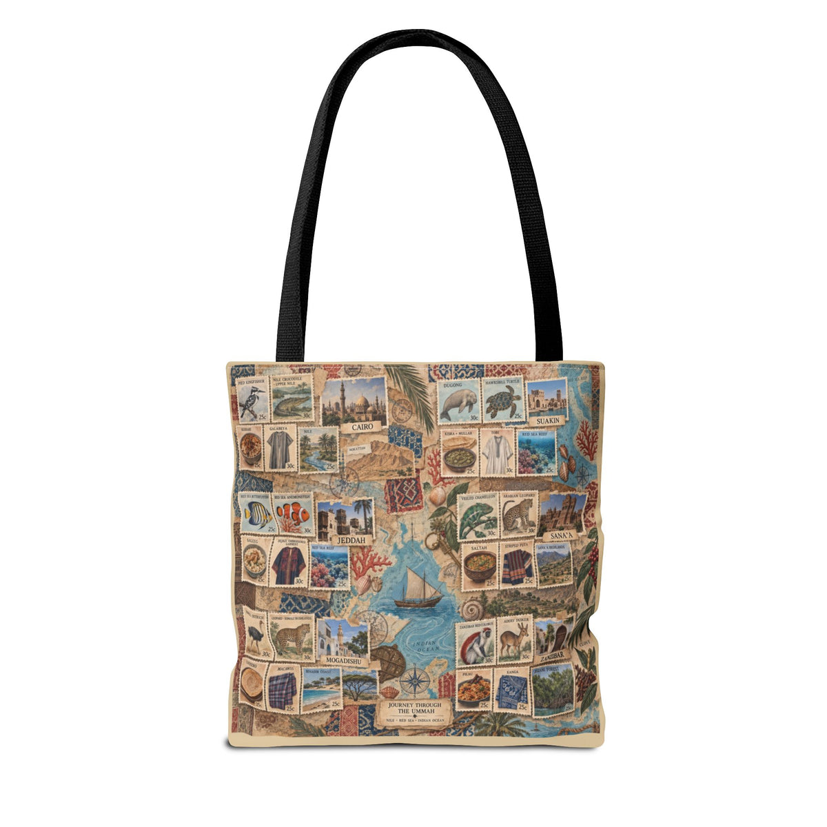 Vintage Travel Stamp Collage Tote