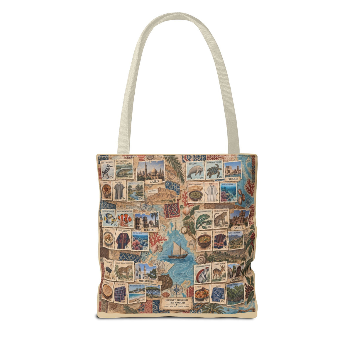 Vintage Travel Stamp Collage Tote